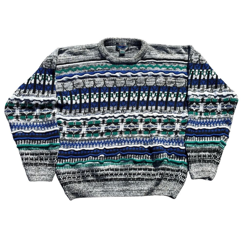 Vintage Etchings “coogi-style” sweater blue green ramie blend retro Cosby biggie